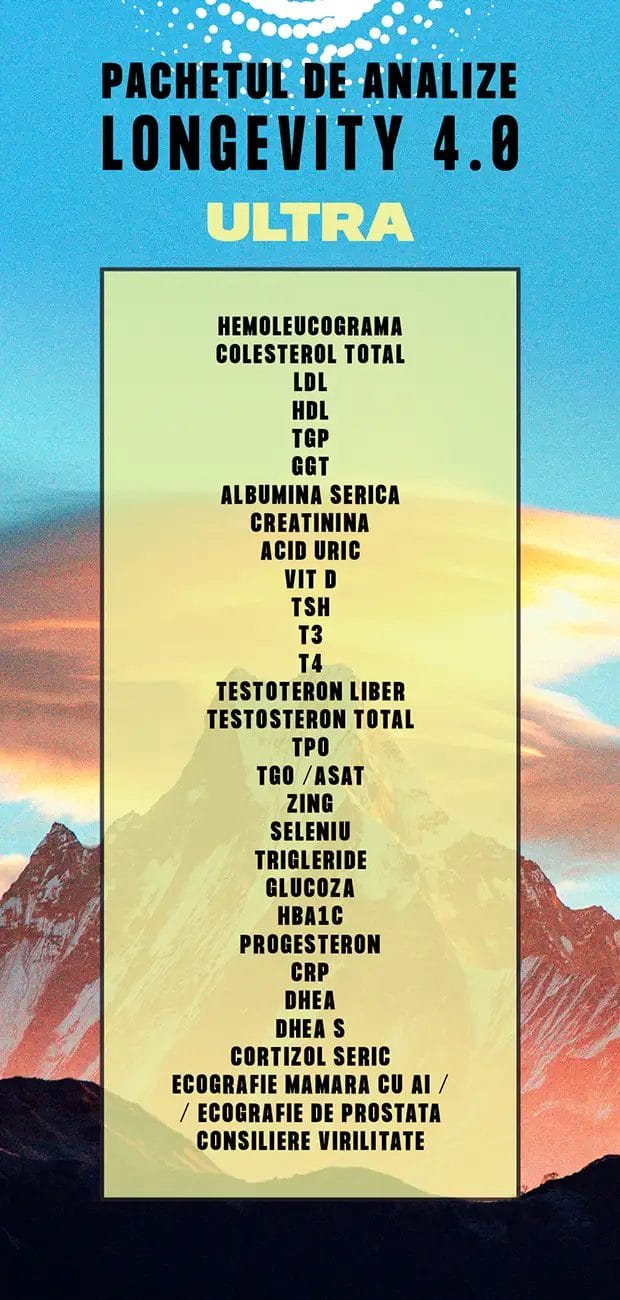 Longevity Pack 4.0 5 PACHETUL DE ANALIZE LONGEVITY 4.0 ULTRA: HEMOLEUCOGRAMA, COLESTEROL TOTAL, LDL, HDL, TGP, GGT, ALBUMINA SERICA, CREATININA, ACID URIC, VIT D, TSH, T4, TESTOTERON LIBER, TESTOSTERON TOTAL, TPO, TGO / ASAT, ZING, SELENIU, TRIGLERIDE, GLUCOZA, HBA1C, PROGESTERON, CRP, DHEA, DHEA S, CORTIZOL SERIC, ECOGRAFIE MAMARA CU AI /, / ECOGRAFIE DE PROSTATA, CONSILIERE VIRILITATE