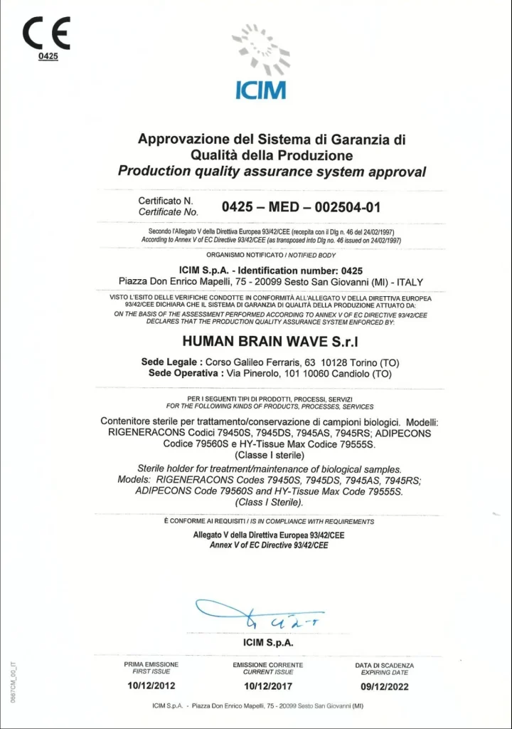Certificat CE Rigenera - microgrefare cu celule progenitorii
